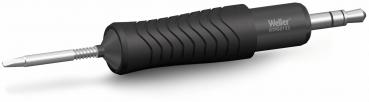 The image shows a fine soldering iron tip with a round, rubberized handle. The handle has vertical grooves for a better grip. The tip is metallic and narrow.