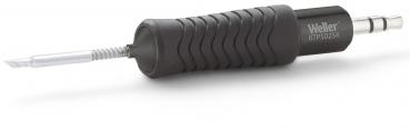 The image shows a screwdriver with a black, ribbed handle and a long, thin blade. The blade is sharpened in the middle and has a pointed tip.