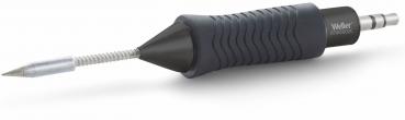 The image shows a soldering iron with an ergonomic, rubberized grip. The tip is metallic and tapered, ideal for soldering. The iron has a narrow, flexible cord.