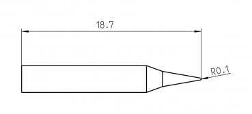 The image displays a technical drawing of an object measuring 18.7 mm in length. It features a cylindrical body and terminates in a pointed shape. At the end, a rounded edge is visible.