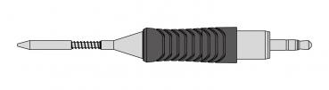 The image shows a tool with a long, slender body and a ridged surface for better grip. At one end there is a sharp tip, at the other a square end.