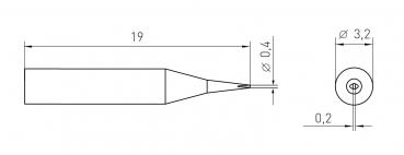 The image displays a technical drawing of an object. It is elongated with a pointed, detail-adapted shape. Dimensions are provided, including diameter and length in millimeters.
