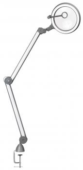 The image shows a flexible desk lamp with a long, adjustable arm and a round lampshade. It is attached to a desk and is well suited for targeted lighting.