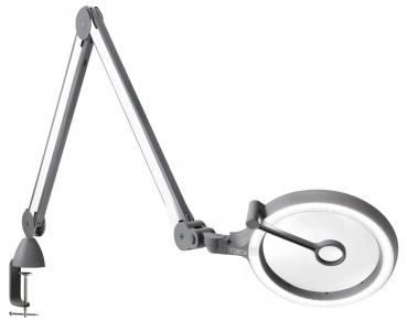 The image shows an adjustable desk lamp with a round lampshade and a sturdy clip for attachment. The arm is flexible and allows for various positions.