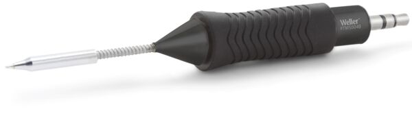 The image shows a pen-like object with a black rubberized grip and a metallic tip. The grip has a grooved structure for better hold.