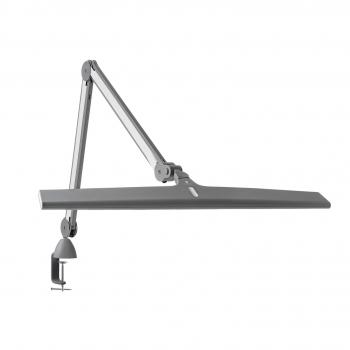 Die Abbildung zeigt eine moderne Schreibtischlampe mit einem länglichen, flachen Lampenschirm und flexiblen Armen. Sie ist in Grau gehalten und hat eine Klemme zum Befestigen an einem Tisch.