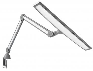 The image displays a modern desk lamp with a long, flexible arm and a rectangular, flat lampshade. The lamp is made of metal and features a sturdy mount.