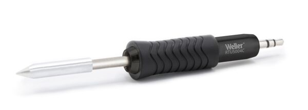 The image shows a soldering iron with a black, non-slip grip and a pointed, silver tip. The iron has a sleek shape and is suitable for precise soldering.