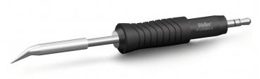 The image shows a soldering iron with a metallic, pointed tip and a rubberized, black handle with grooves for better grip. The handle is sturdy and ergonomically designed.