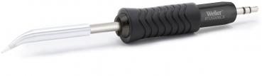 The image shows a soldering iron with a long, slightly curved metal tip attachment. The handle is black and rubberized to provide a better grip. The name "Weller" is visible.
