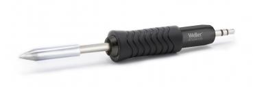 The image shows a soldering iron with a black, ribbed handle and a silver, pointed tip. The handle provides a good grip, and the tip is suitable for precise work.