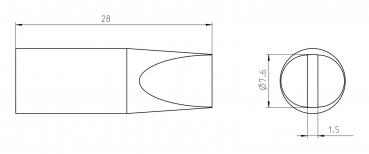 The image displays technical drawings of an object. On the left is the side view with a length of 28 units and a tapered shape. On the right is the top view with a diameter of 7.6 units.
