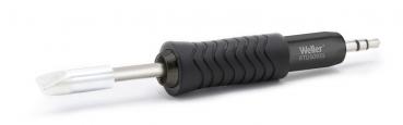 The image shows a soldering iron with a black, non-slip grip and a silver tip. The tip is slightly flat and has a narrow opening for precise work.