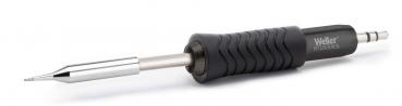 The image shows an electric soldering iron with a black, ridged handle for better grip. The tip is made of shiny metal and is narrow in design.