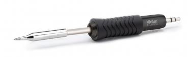 The image displays a black soldering iron with a metallic heating tip. The handle is rubberized and features non-slip grooves. The iron is slim and tapers to a point for precise work.
