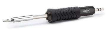 The image shows a soldering iron with a black, ribbed plastic handle. The tip is metallic and elongated. The iron has a comfortable grip shape for precise work.