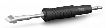 The image displays a tool instrument with a black, rubberized handle and a pointed metallic tip. The tip is flat and slightly angled forward, ideal for soldering.