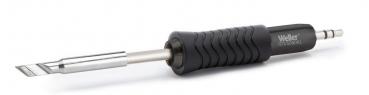The image shows a soldering iron with a black rubberized handle. The tip is flat and metallic, ideal for soldering components. The iron is slim and ergonomically designed.