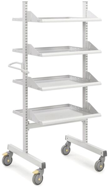 The image shows a mobile shelving unit with four white shelves. It has a sturdy metal frame with vertical rods and casters for easy mobility.