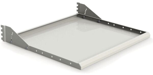 The image displays a rectangular, flat shelf made of gray material with two side brackets. It appears sturdy and is suitable for use in shelving units or other storage solutions.