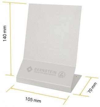 The image displays a white table sign holder with a vertical sheet and a sturdy base. The dimensions are 14 cm high, 10.5 cm wide, and 7 cm deep.