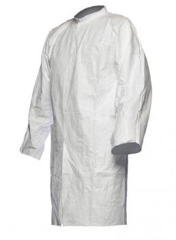 The image shows a white coat with long sleeves and a high collar. The coat is simply cut and without buttons, suitable for hygienic purposes or as protective clothing.