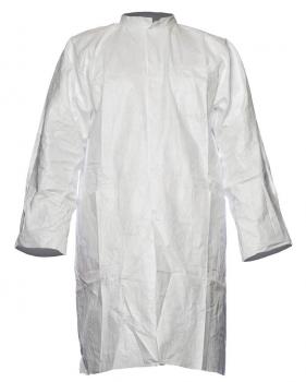 The image shows a long, white coat with long sleeves. The coat features a simple collar and is made from lightweight material, ideal for hygienic or medical purposes.