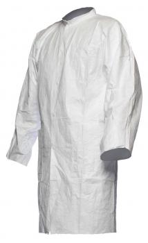 The image shows a white coat with long sleeves. It has a simple cut and a round collar without buttons, ideal for medical or hygienic purposes.