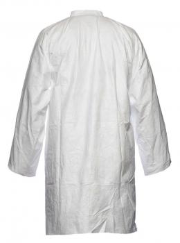 The image shows a white coat made from a lightweight material. It has long sleeves and a simple, round collar. The coat is viewed from the back and appears practical and functional.