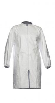 The image shows a white coat with long sleeves. It has a round neckline and a centered zipper. The fabric appears light and provides protection.