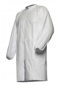 The image shows a long, white protective coat with no discernible details, featuring long sleeves and a simple, straight cut. The coat appears light and hygienic.