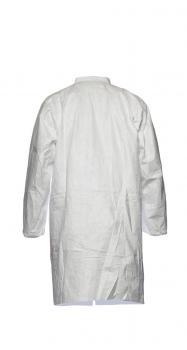 The image shows a white coat with long sleeves. It is plain, has a straight shape, and a small collar. The coat is viewed from the back.
