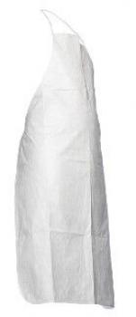 The image shows a simple, white cooking or apron. It has a slim cut and hangs vertically down, with a tie closure at the neck.
