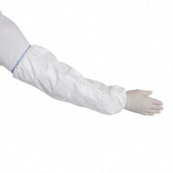 The image shows a long, white protective glove worn on an arm. The glove features an elastic cuff and a bright, non-slip palm.
