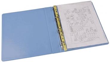 The image shows a light blue folder that is open. On the left side is the inside of the folder, and on the right is a page with fine-lined drawings or text.