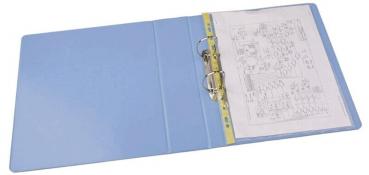 Das Bild zeigt einen blauen Ordner, der geöffnet ist. In seinem Inneren befindet sich ein Blatt Papier mit technischen Zeichnungen oder Notizen. Der Ordner hat einen Riegel und zwei Ringe zum Halten der Blätter.