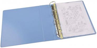 The image shows an open blue ring binder. Inside there is a sheet with technical drawings or diagrams. The binder has a smooth surface and is slightly curved.