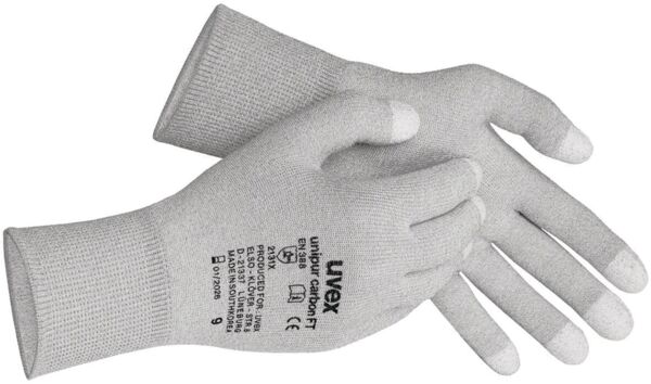 Das Bild zeigt ein Paar graue Arbeitshandschuhe. Sie sind aus einem strapazierfähigen Material gefertigt und haben rutschfeste Punkte auf den Handflächen und Fingern. Die Handschuhe sind anatomisch geformt.