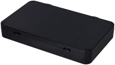 The image shows a flat, rectangular box in black. The top is smooth and has rounded corners. On the sides, two small indentations are visible, likely for opening.