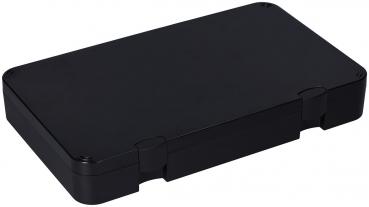 The image displays a rectangular, black plastic box with a smooth surface. It has rounded corners and two side clasps that provide a secure hold.