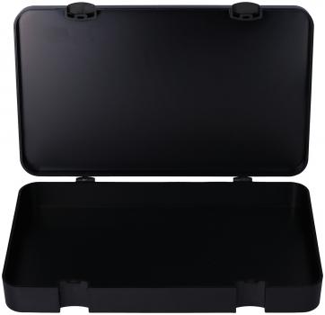 The image shows a black, rectangular box with a lid. The lid is open and reveals the inside, which is also black. The edges are clearly defined.