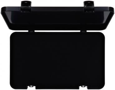 The image shows a black, rectangular box with a hinged lid. The lid is slightly transparent, while the interior is completely black.