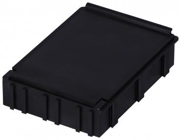 The image shows a rectangular, black plastic box with a flat lid. The surface is smooth, and the sides have vertical notches.
