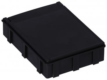 The image shows a black, rectangular box with a flat lid. The box has vertical grooves on the sides and appears stable and sturdy. It is larger than a deck of cards.