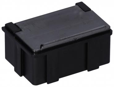 Das Bild zeigt eine rechteckige, schwarze Kunststoffbox mit einem flachen Deckel. Die Kanten sind abgerundet, und es gibt seitliche Vertiefungen für einen besseren Griff.