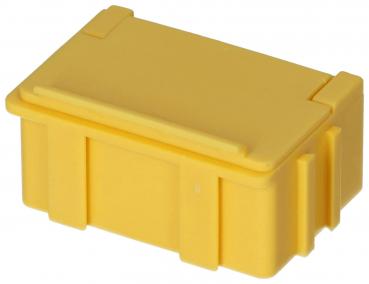 Das Bild zeigt eine kleine, rechteckige, gelbe Kunststoffbox mit angeformten Seiten und einem flachen Deckel. Sie hat ein einfaches, funktionales Design ohne besondere Verzierungen.