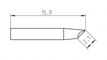 The image shows a technical drawing of an object with two measurements: 15.9 units in length and a width of 2.1 units at a conical tip.
