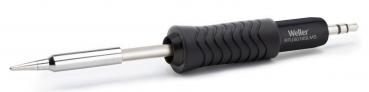 The image shows a soldering iron with a slim, black handle that has a rubberized surface. The tip is made of shiny metal, typical for soldering tasks.