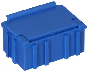 Das Bild zeigt eine kleine, rechteckige Box aus Kunststoff in leuchtendem Blau. Sie hat einen flachen Deckel und vertikale Rillen an den Seiten. Die Box scheint stabil und handlich zu sein.