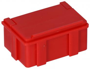 Das Bild zeigt eine kleine, rechteckige Box in leuchtendem Rot. Sie hat einen flachen Deckel mit zwei seitlichen Verschlüssen. Die Oberfläche ist glatt und das Material wirkt stabil.